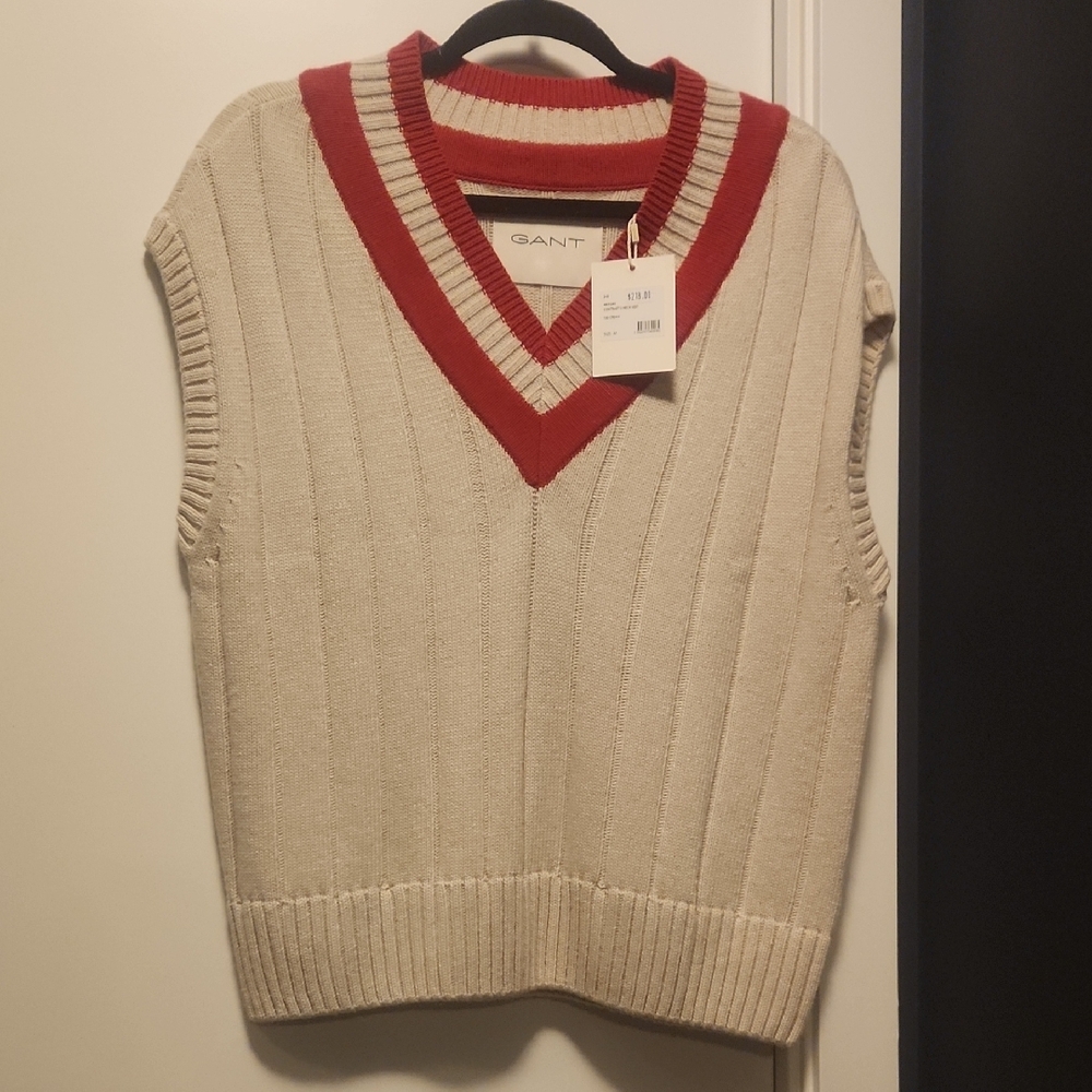 Gant Cream and Red V-Neck Sweater